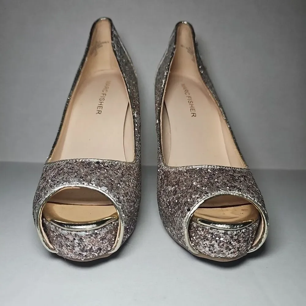 Women's Marc Fisher Peep Toe Metallic Glitter Sparkle Gold Silver Heels Pumps 7M